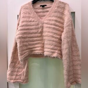 FOREVER 21 Fuzzy V Neck Longsleeve Bell Flare Sleeve Sweater Top Blush Pink M